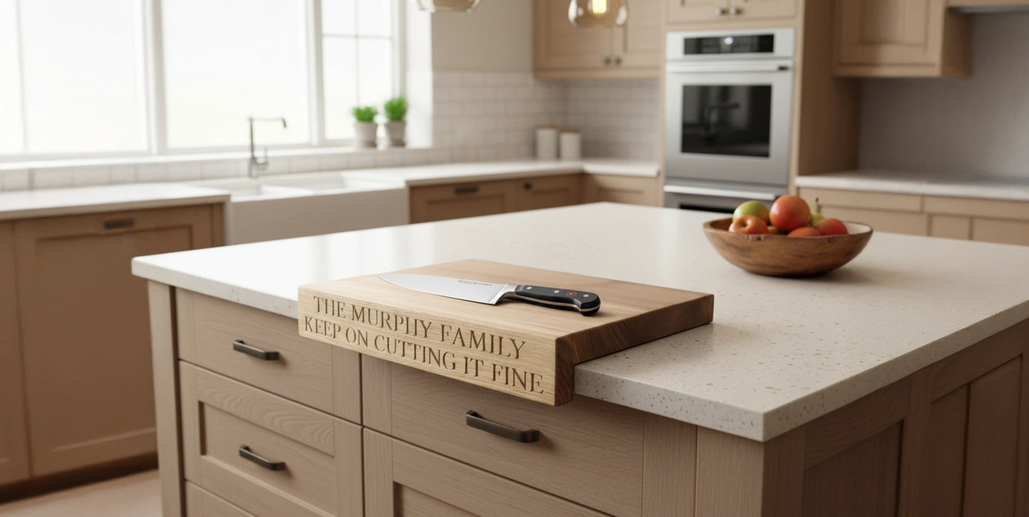 “Personalised oak overhang carving board engraved with ‘The Murphy Family Keep on Cutting It Fine,’ shown on a dark brown modern kitchen worktop with chef’s knife resting flat on top with fruit bowl in background