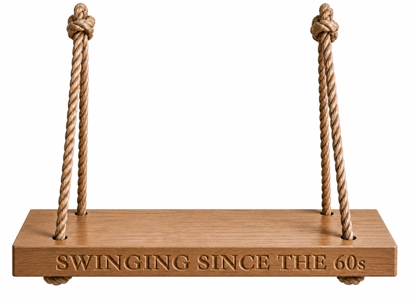 Wooden swing with ropes and 'Swinging Since the 60s' engraving on a white background