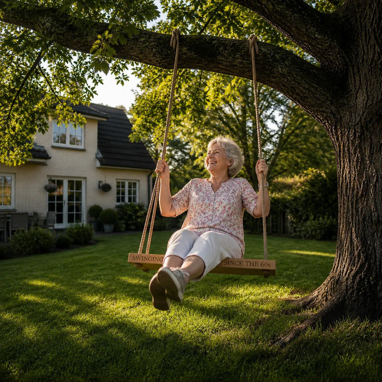 Older woman smiling while sitting on a handmade oak rope garden swing hanging from a tree in a sunny garden.