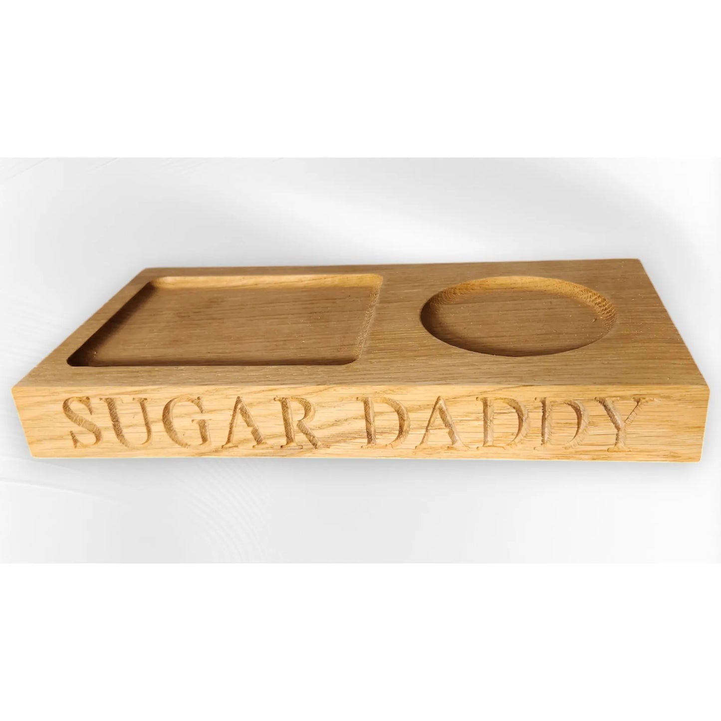 Personalised tea tray with ‘SUGAR DADDY’ engraved, handmade oak BrewBoard for coffee and tea