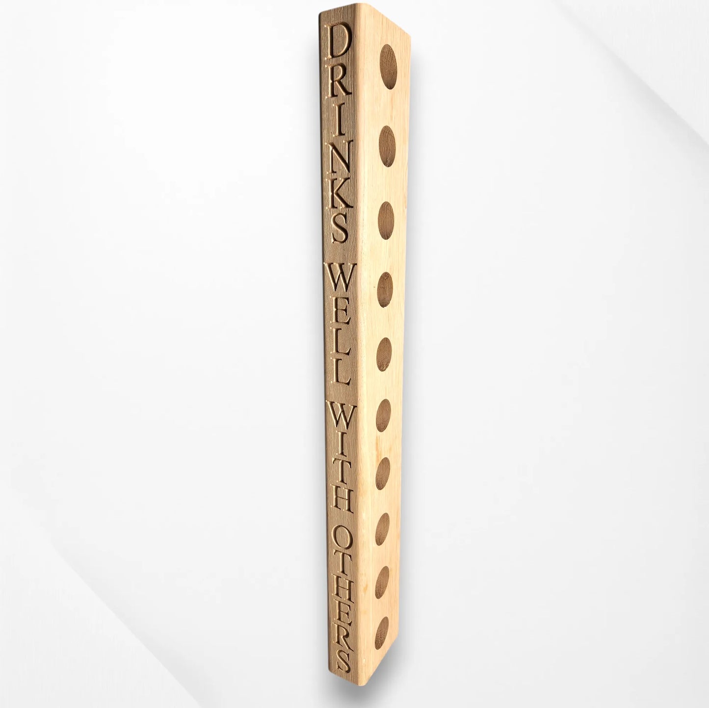 Angled side view of 10 bottle holder wood wine rack, gravity-supported cradles holding wine bottles securely with no visible hardware