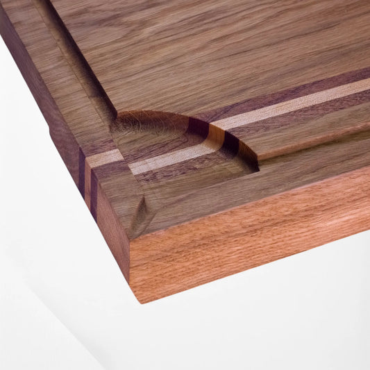 Close-up of wooden chopping board with a visible grain pattern on a white background