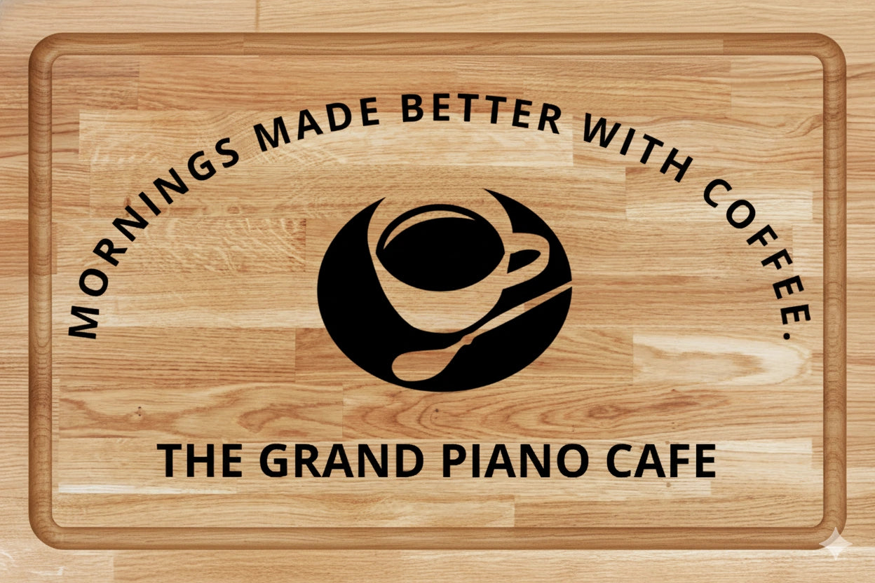 Engraved wooden coffee board with cup and spoon design and the phrase ‘Mornings Made Better with Coffee – The Grand Piano Cafe,’ perfect for cafe décor or coffee lovers’ kitchen.