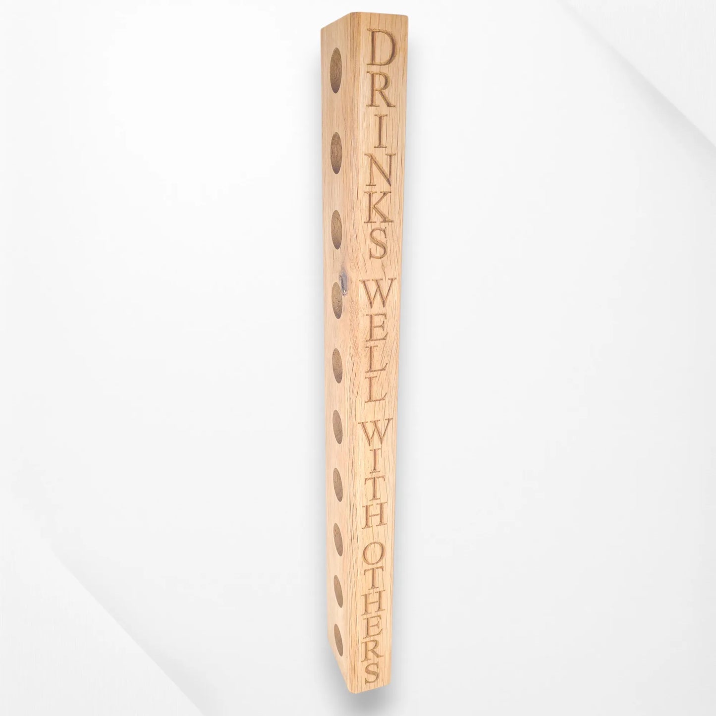 Front view of a ten bottle holder oak wooden wine rack with the description Drinks Well with Others