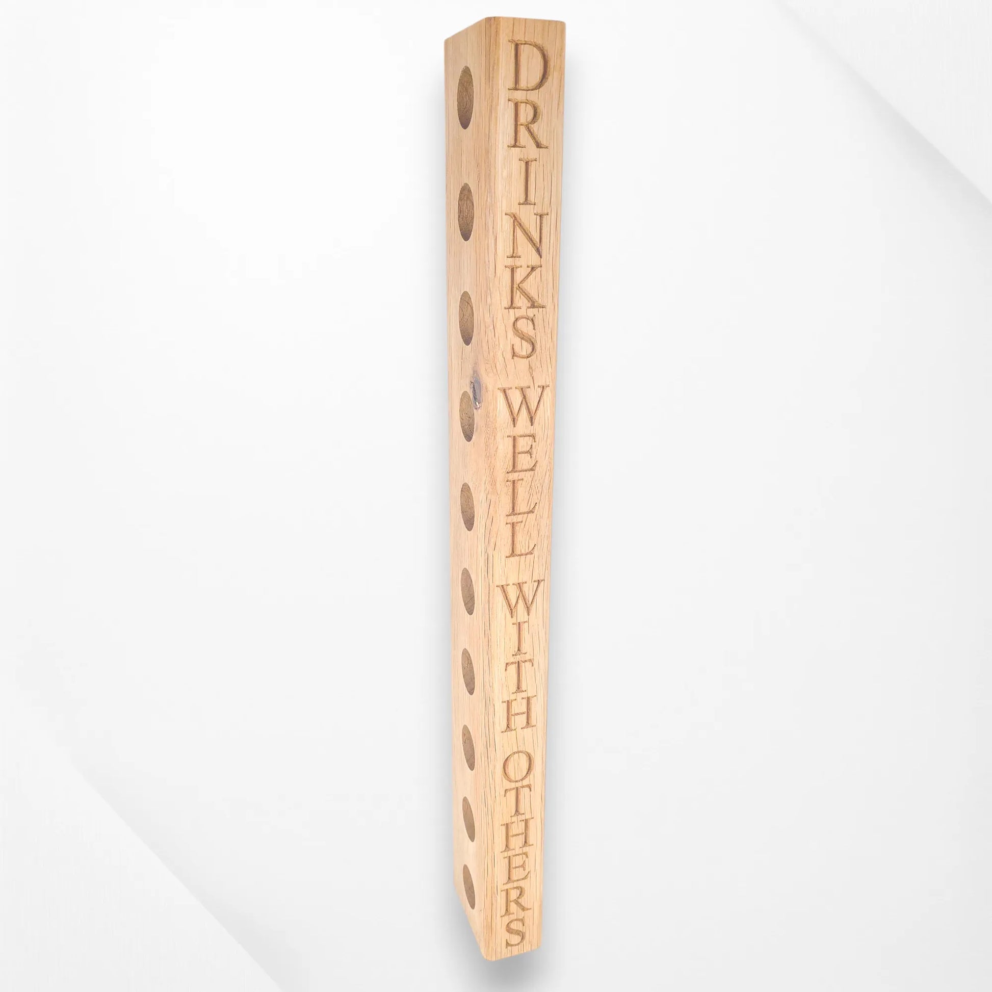 Front view of a ten bottle holder oak wooden wine rack with the description Drinks Well with Others