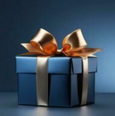 Blue gift box with a gold ribbon on a dark blue background
