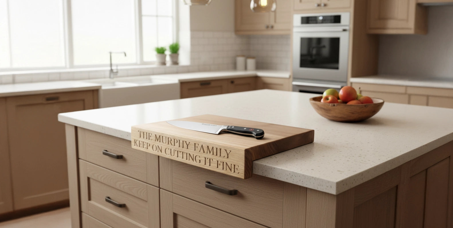 “Personalised oak overhang carving board engraved with ‘The Murphy Family Keep on Cutting It Fine,’ shown on a dark brown modern kitchen worktop with chef’s knife resting flat on top with fruit bowl in background