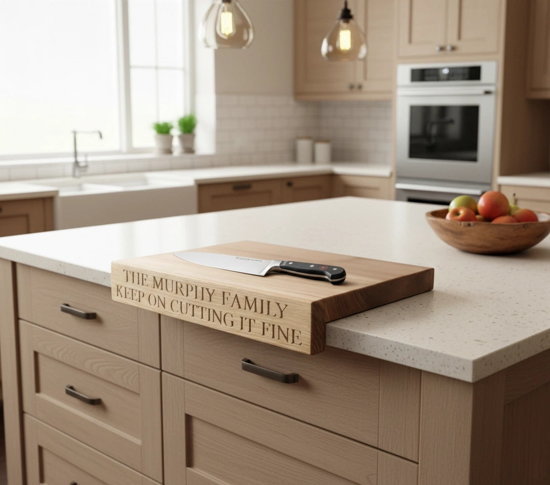 Personalised oak overhang carving board engraved with ‘The Murphy Family Keep on Cutting It Fine,’ shown on a dark brown modern kitchen worktop with chef’s knife resting flat on top with fruit bowl in background