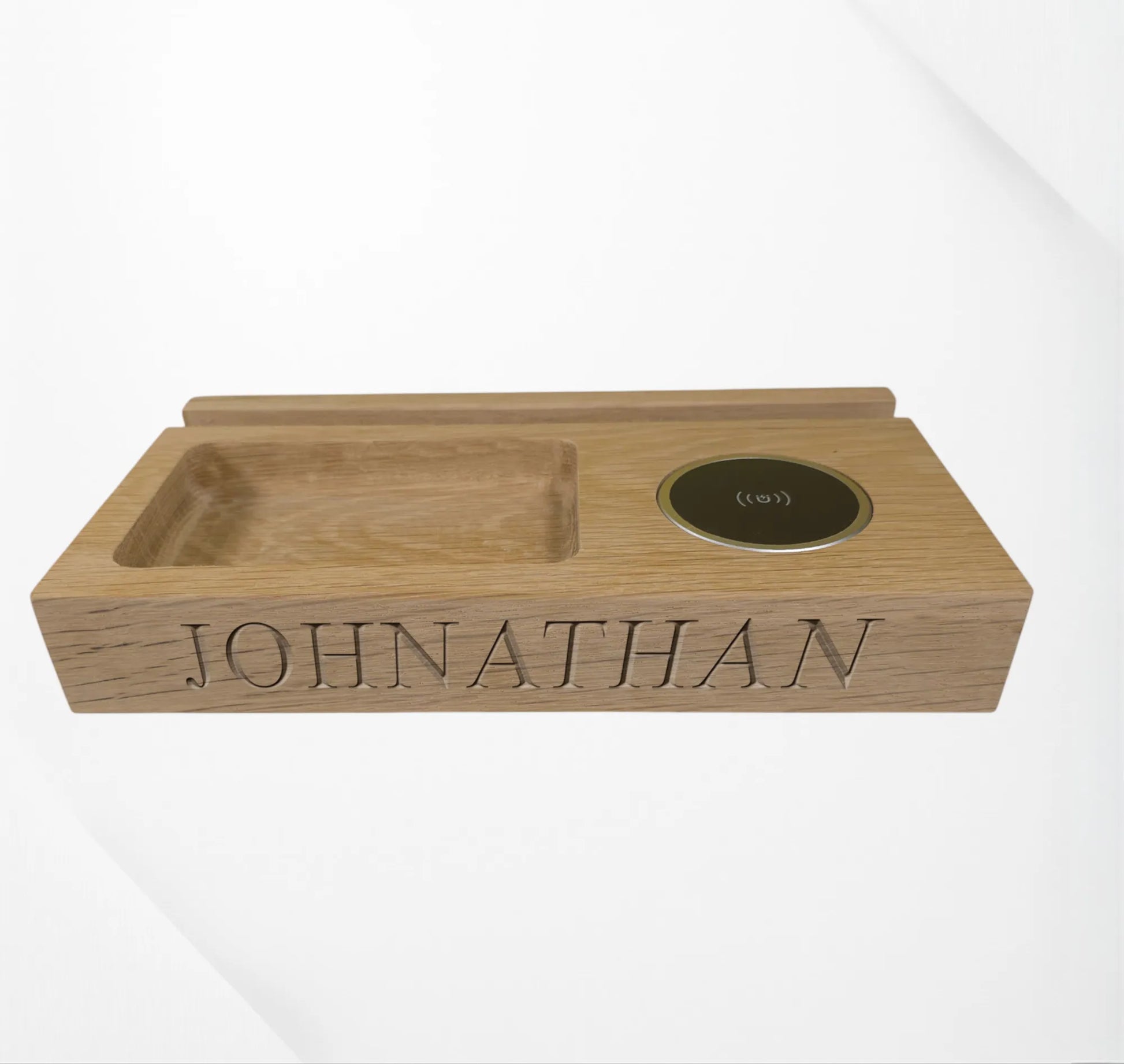 Oak wireless desk charging tray unique gift for dad or loved one.