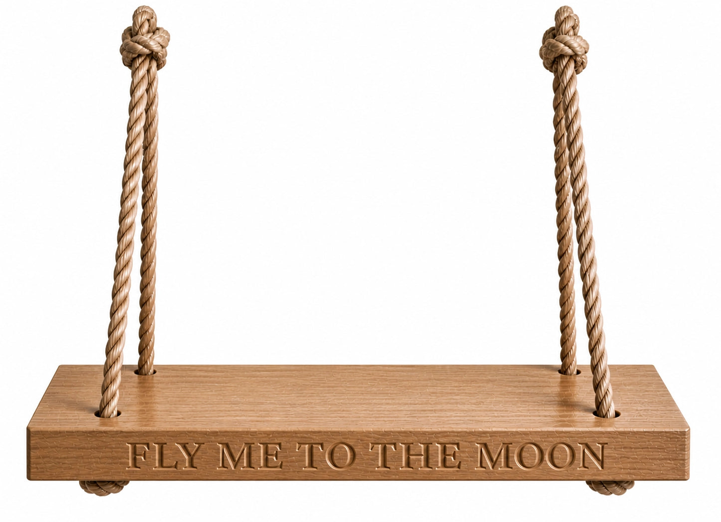 Wooden swing with ropes and 'Fly Me to the Moon' engraving on a white background