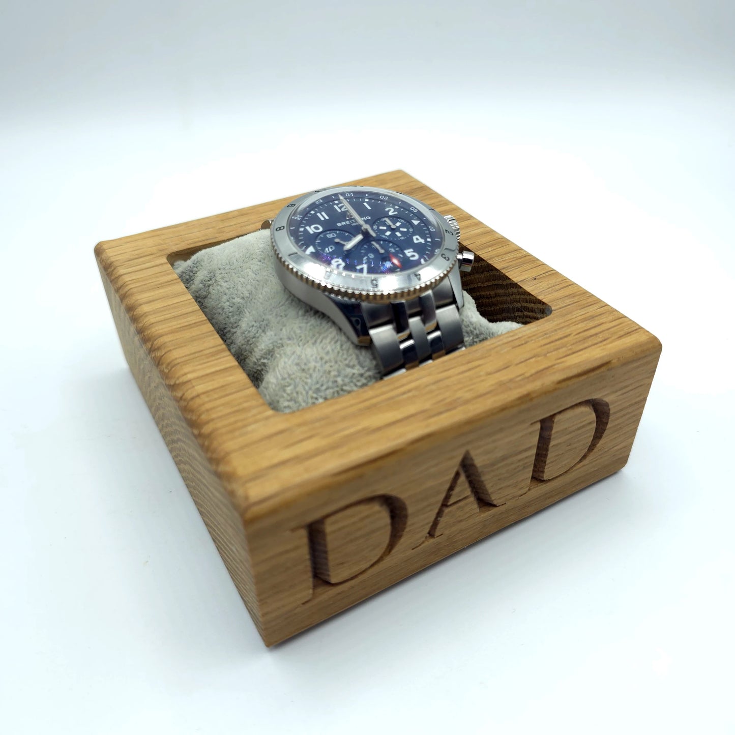 Angled view oak watch holder engraved DAD – handmade personalised wooden tray