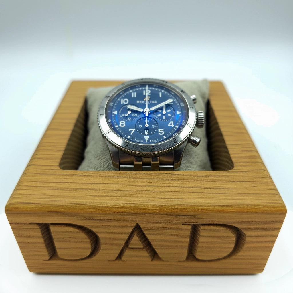 Angled view oak watch holder engraved DAD – handmade personalised wooden tray