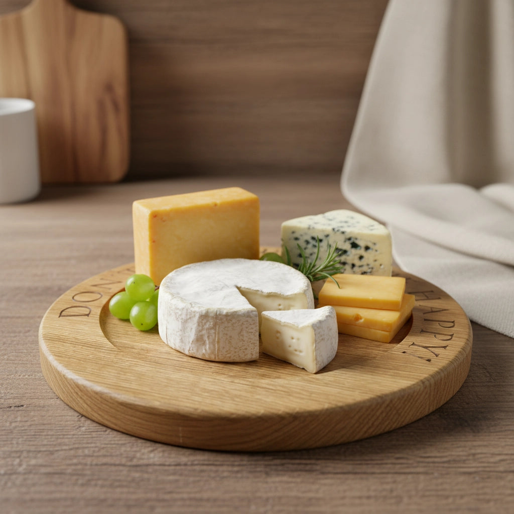 Engraved oak cheese board with quote ‘Don’t worry, brie happy’, styled with brie, cheddar, blue cheese and grapes – handmade by The Crafty Oak.
