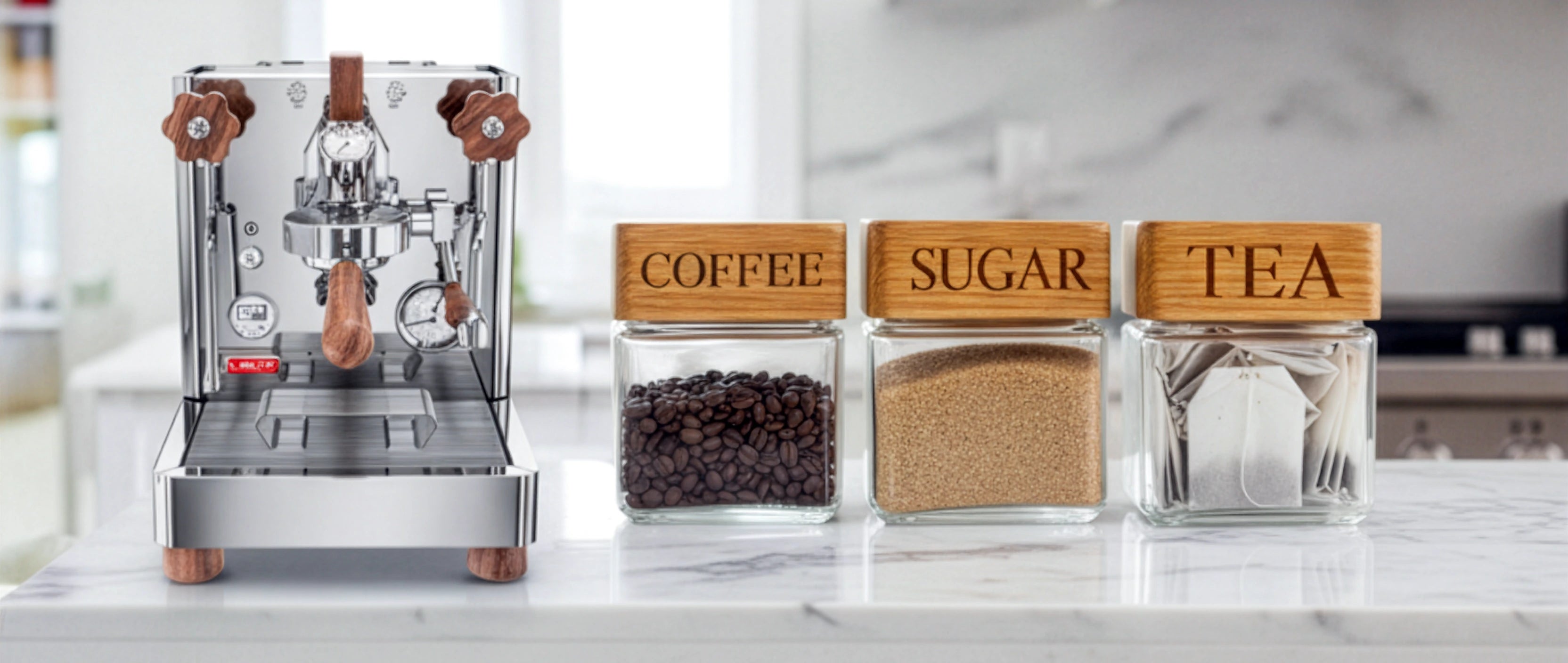 Set of personalised oak-lid storage jars engraved with Coffee, Sugar, and Tea, styled on a marble kitchen worktop beside a modern espresso machine
