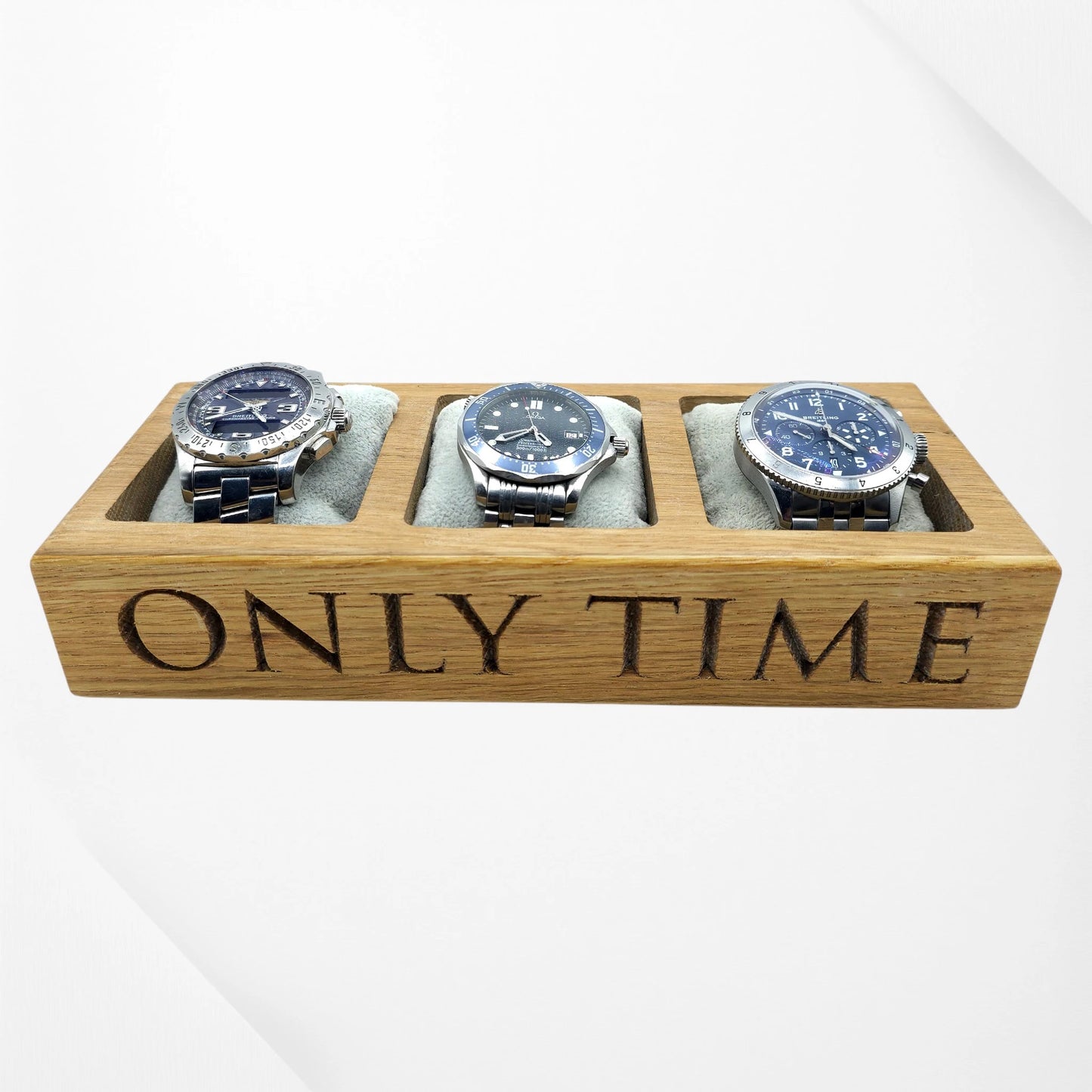 Front view personalised oak watch tray with ONLY TIME engraving and watches