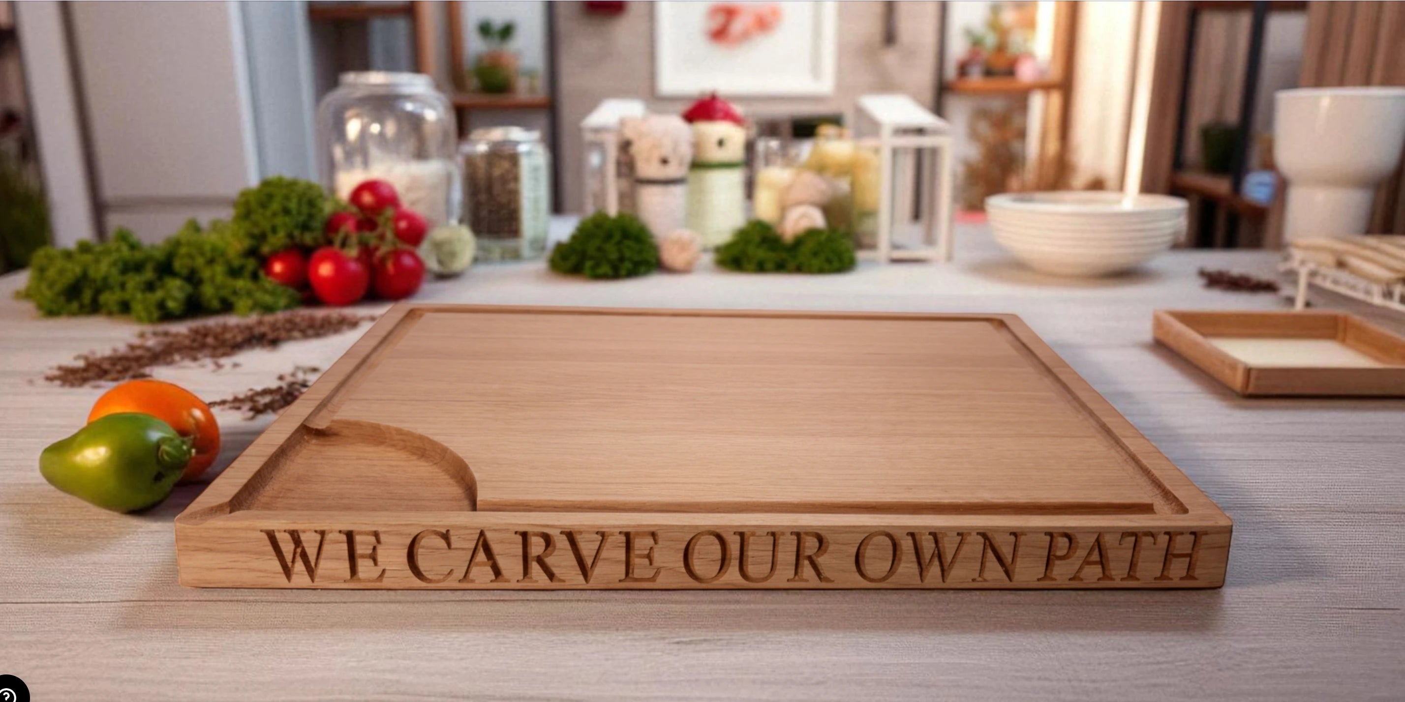 Engraved oak chopping board with juice groove and corner lip, displayed on a kitchen worktop with fresh vegetables and herbs in the background.