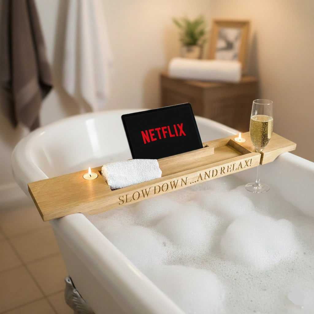 Personalised oak bath bridge with engraved message loving message from husband, holding a glass of champagne, tablet, and candle — handmade luxury gift for her to unwind at home
