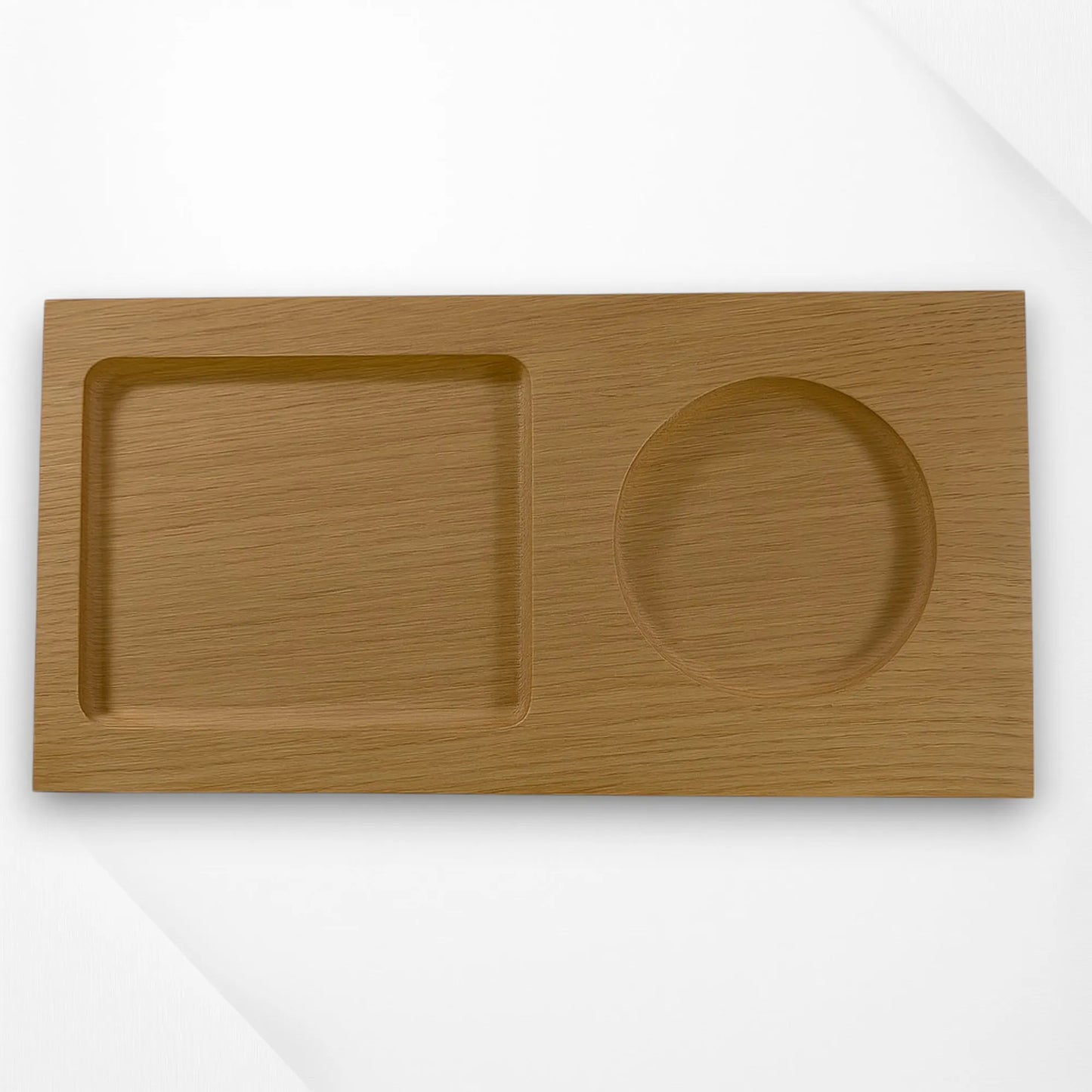 Handmade oak coffee and tea tray BrewBoard showing cup and biscuit slots, personalised option available