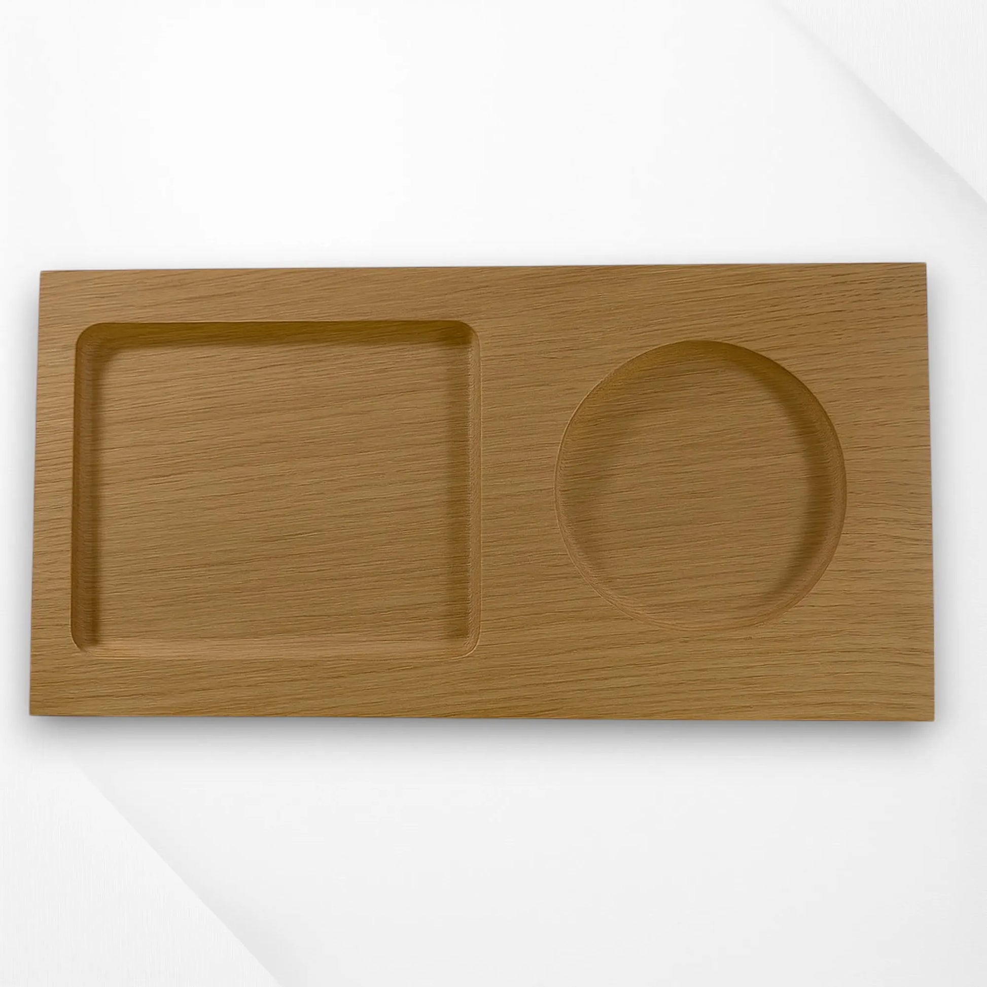 Handmade oak coffee and tea tray BrewBoard showing cup and biscuit slots, personalised option available