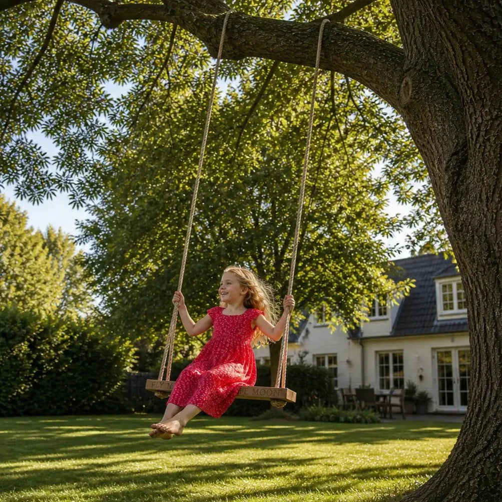 Girl in a red dress enjoying a handmade oak rope swing hanging from a tree in a sunny garden.