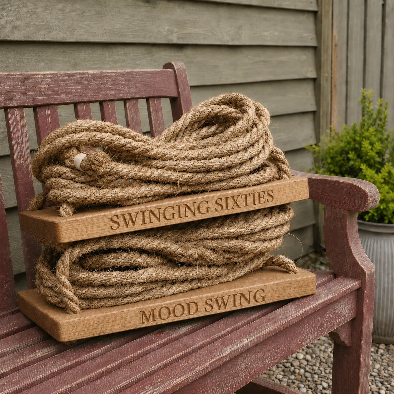 Personalised oak rope swings engraved with “Swinging Sixties” and “Mood Swing”, shown stacked with coiled rope on a burgundy garden bench.
