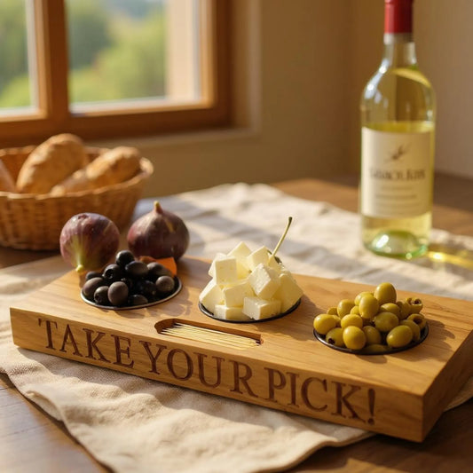 Personalised oak serving tray engraved with “TAKE YOUR PICK!” holding cheese, olives, and figs, with bread and white wine in the background. Handmade by The Crafty Oak.