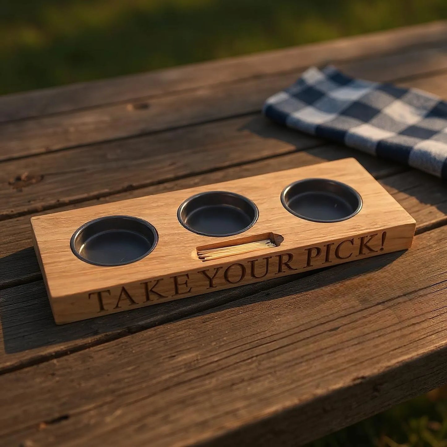 Personalised oak serving tray engraved with “TAKE YOUR PICK!” and three metal bowls, displayed on a rustic wooden picnic table. Handmade by The Crafty Oak.