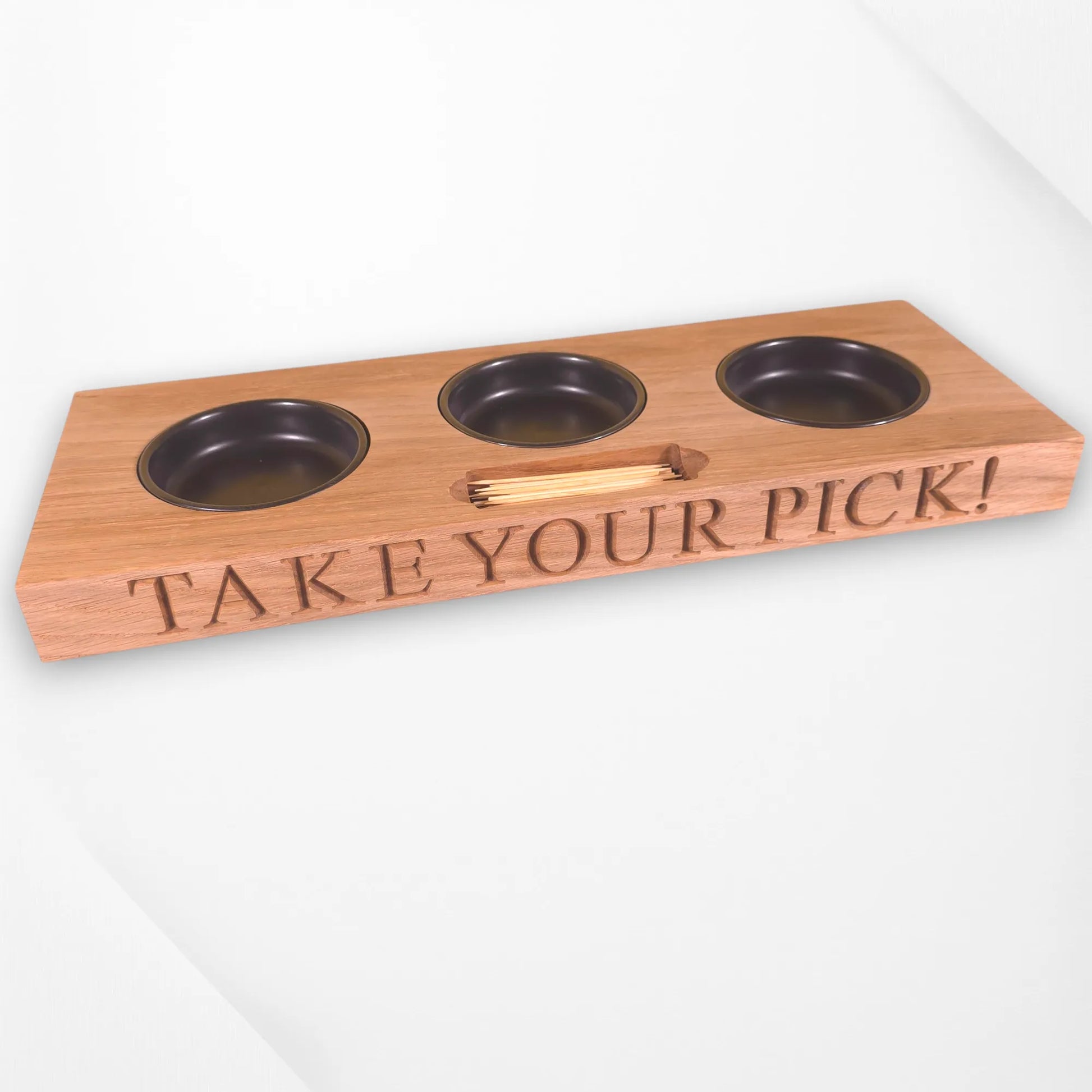 Personalised oak serving tray with “TAKE YOUR PICK!” engraved, featuring three metal bowls and a built-in cocktail stick holder. Handmade by The Crafty Oak.
