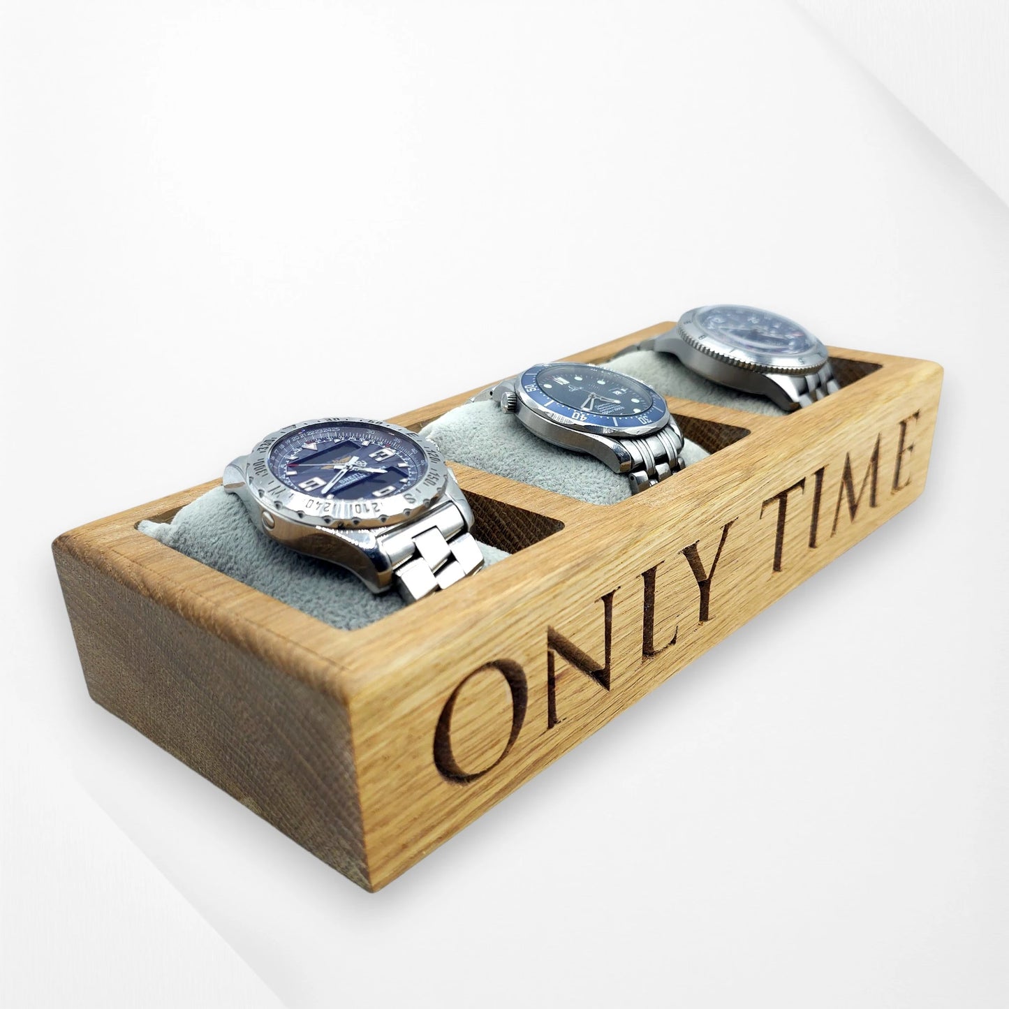 Oak three-slot personalised watch tray engraved ONLY TIME with watches displayed