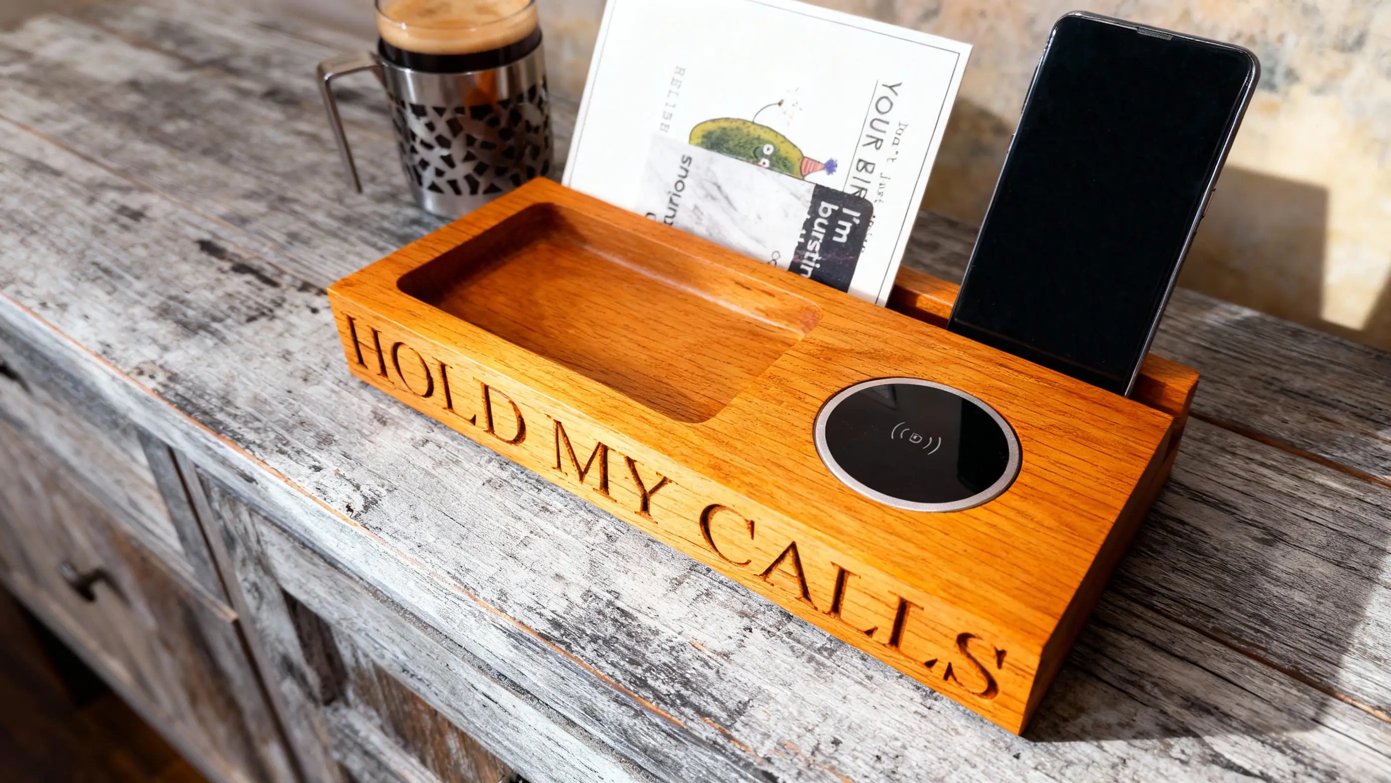 Handmade oak wireless charging tray with engraved ‘Hold My Calls’ text, phone stand and organiser slot — The Crafty Oak UK