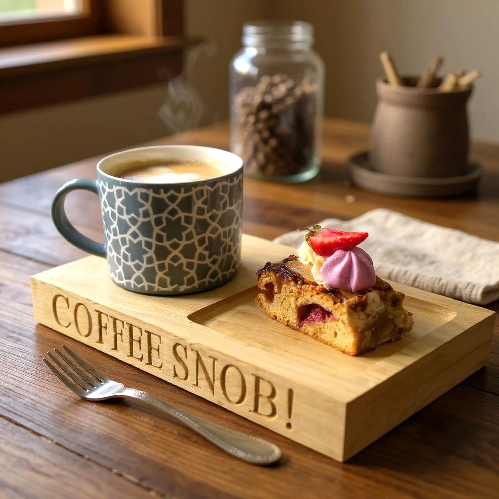 Cup of coffee and cake on a wooden tray with a custom engraving of 'COFFEE SNOB!' engraving.