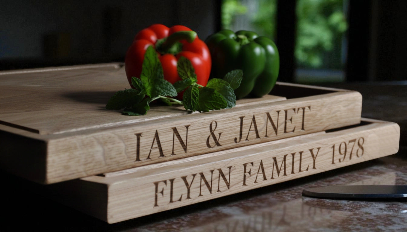Personalised oak carving boards engraved with family names, styled with fresh peppers and mint leaves on a kitchen counter.