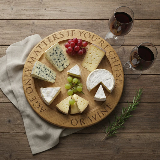 Personalised oak cheese board engraved with ‘Age only matters if you’re cheese or wine’, served with assorted cheeses, grapes and red wine – handmade by The Crafty Oak