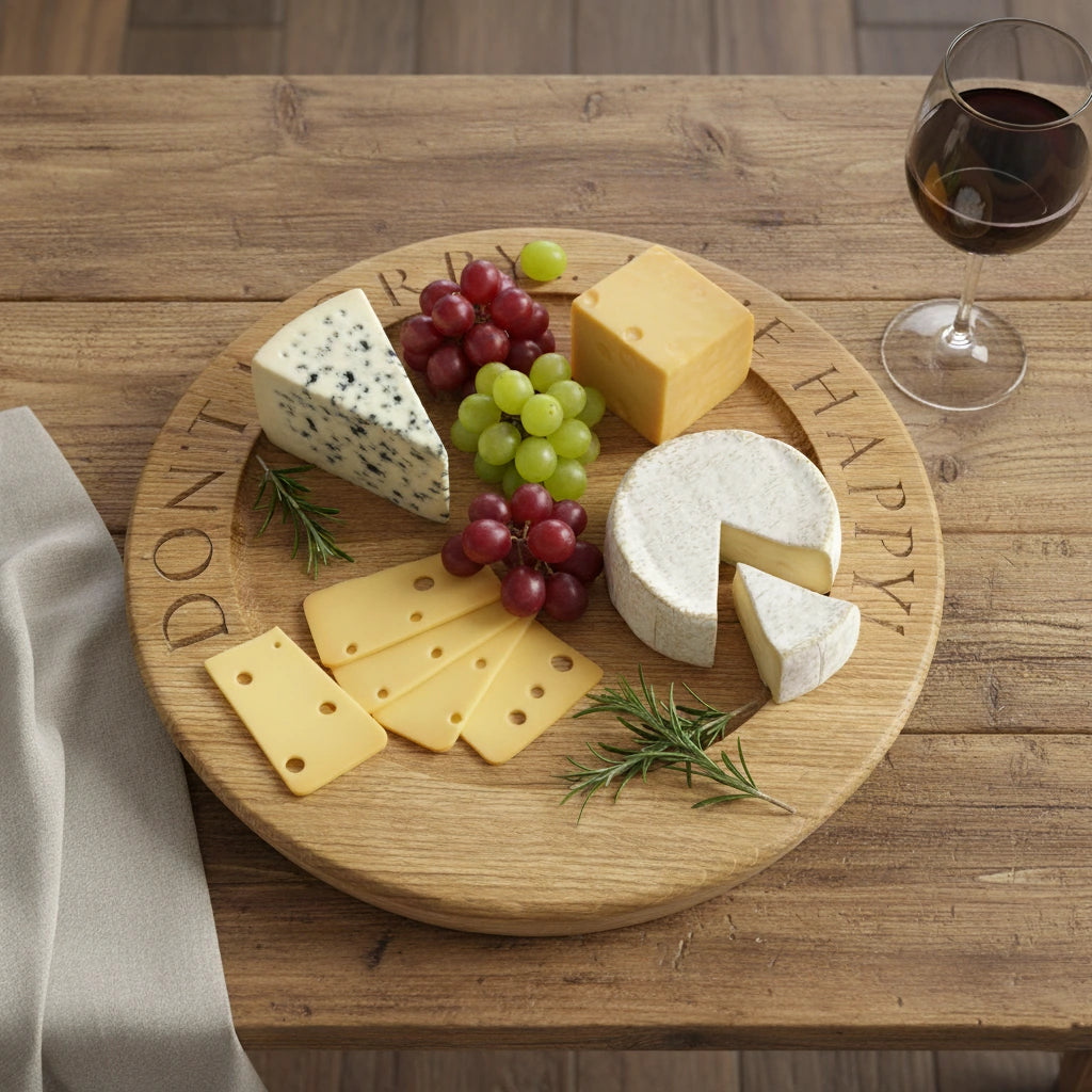 Personalised oak cheese board engraved with ‘Don’t worry, brie happy’, styled with assorted cheeses, grapes and red wine – handmade by The Crafty Oak.