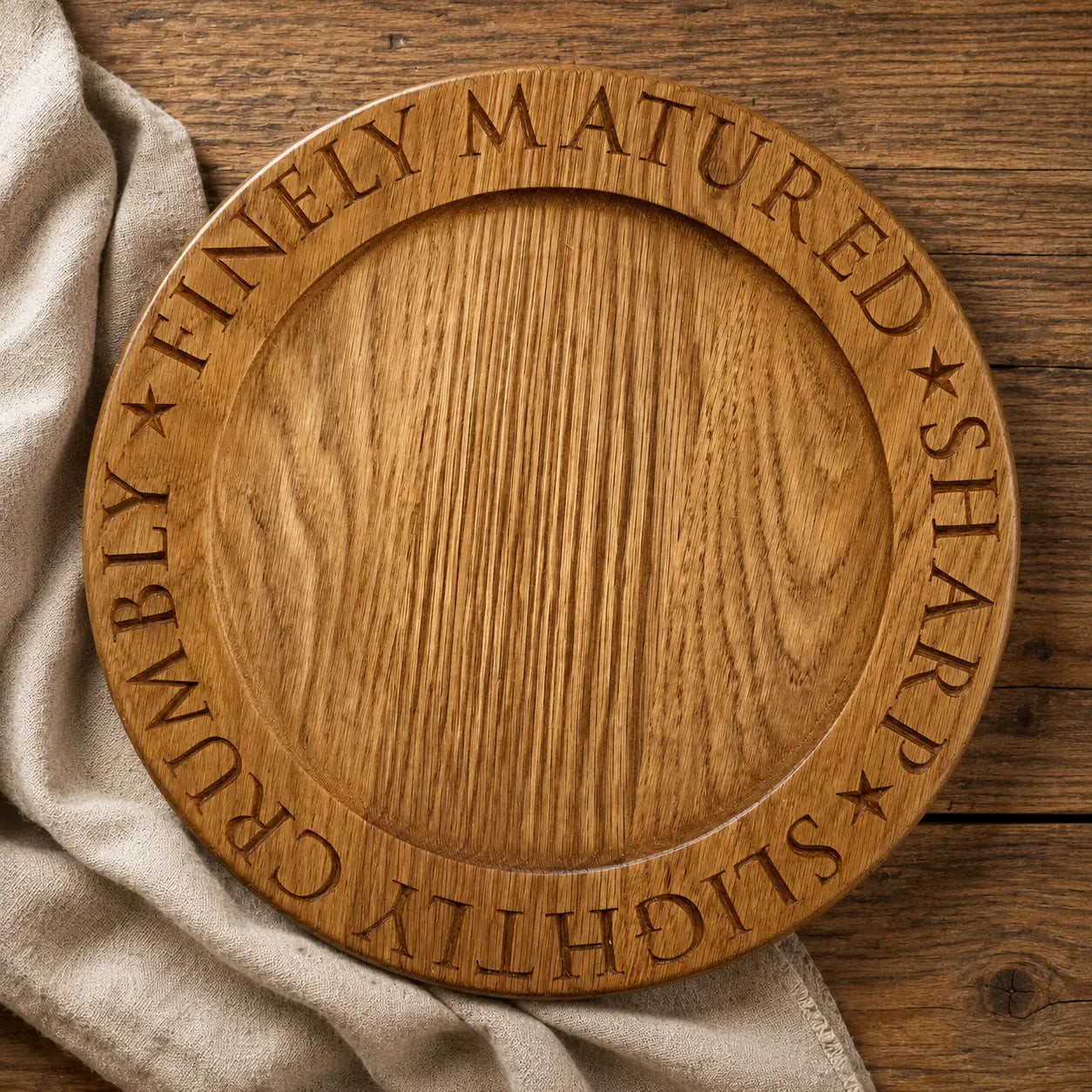 Top-down view of a personalised oak cheese board engraved with “Finely Matured”, “Sharp Wits” and “Slightly Crumbly”, styled on rustic wood with a linen cloth.
