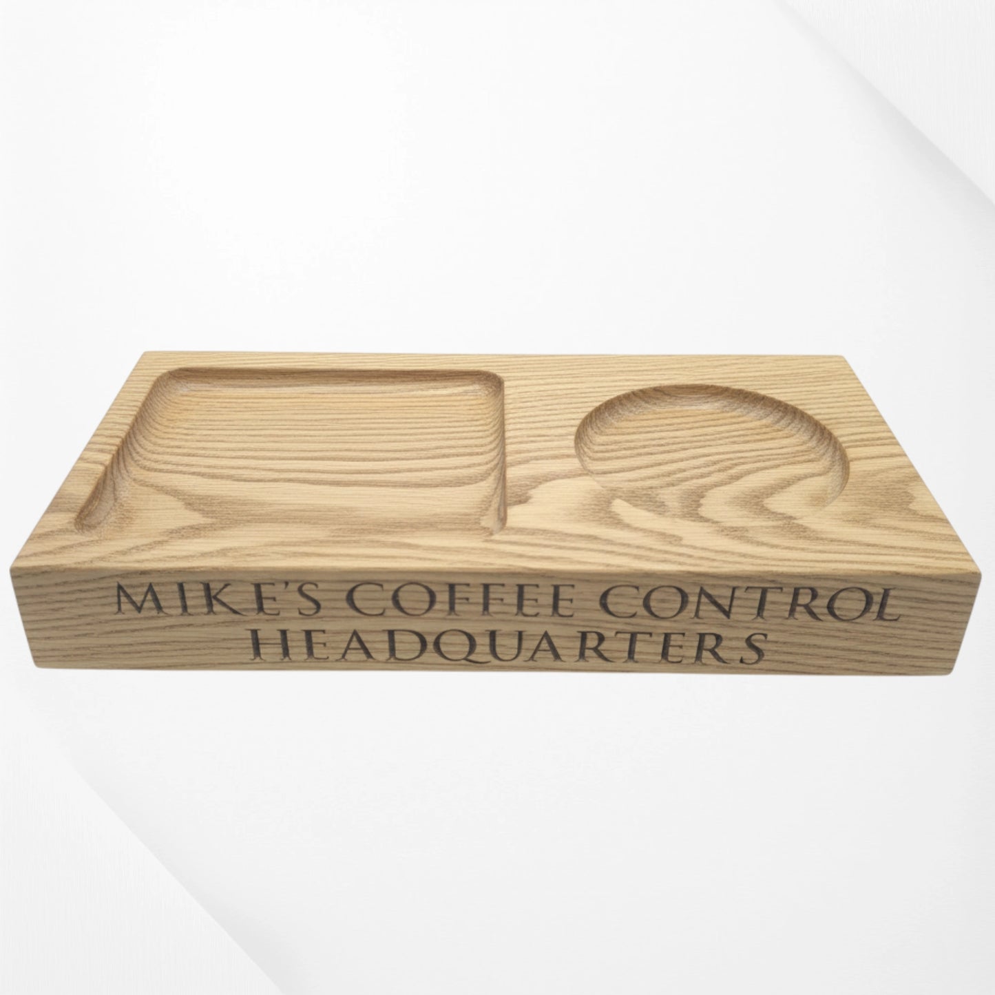 Personalised oak coffee tray engraved with “Mike’s Coffee Control Headquarters,” featuring carved sections for a mug and snacks.