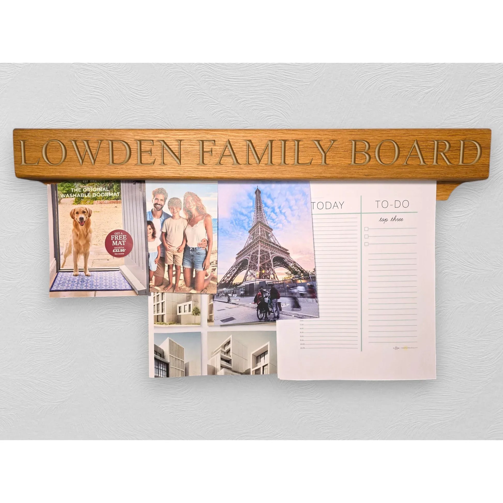 Keep your family organised with the personalised Lowden Family Board. Handcrafted from solid oak, this engraved wall organiser is perfect for displaying calendars, photos, notes, and important reminders. A stylish and functional addition to any busy home—customise yours today!