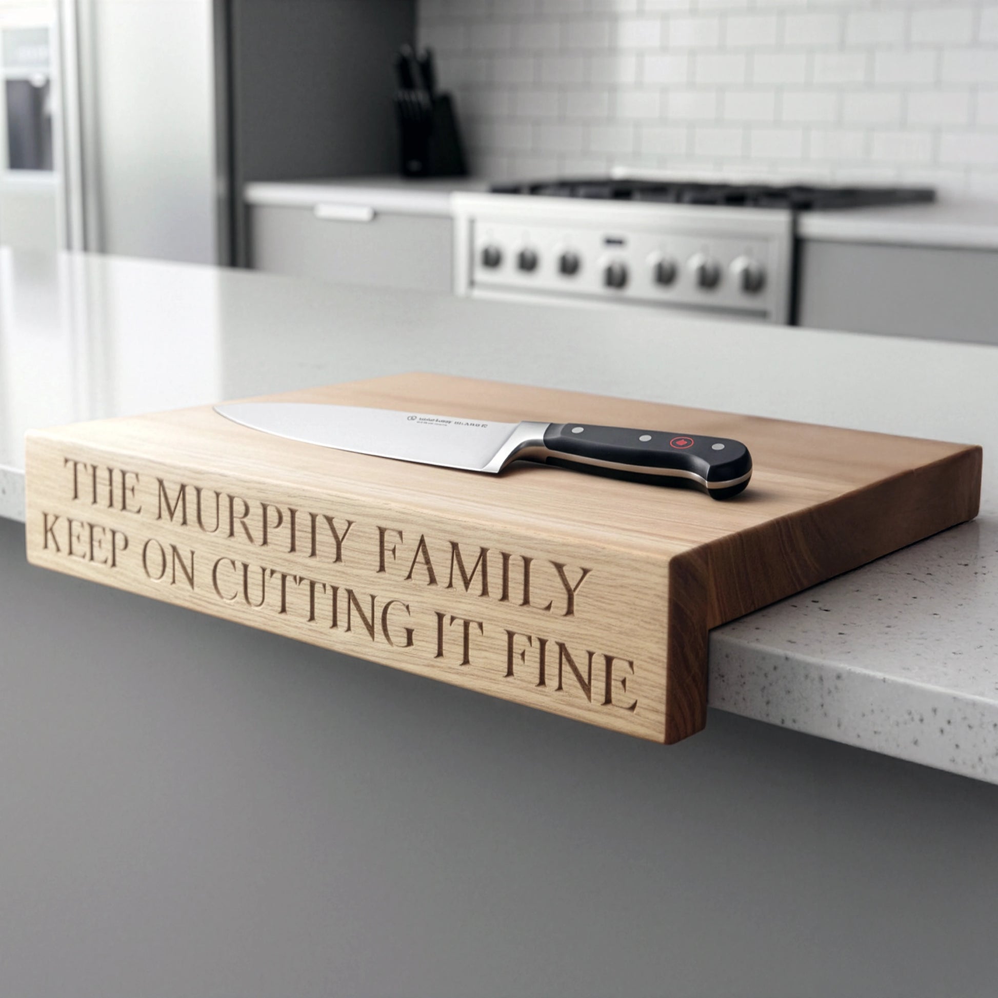 “Personalised oak overhang chopping board engraved with ‘The Murphy Family Keep on Cutting It Fine,’ shown on a modern kitchen worktop with chef’s knife resting flat on top.”