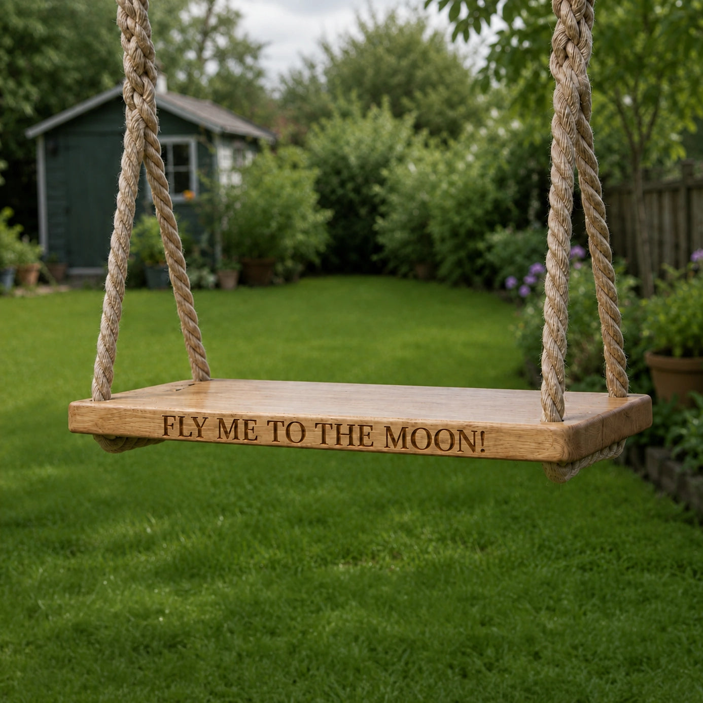 Handmade personalised oak rope swing engraved with “Fly Me to the Moon!” in an overcast garden setting.