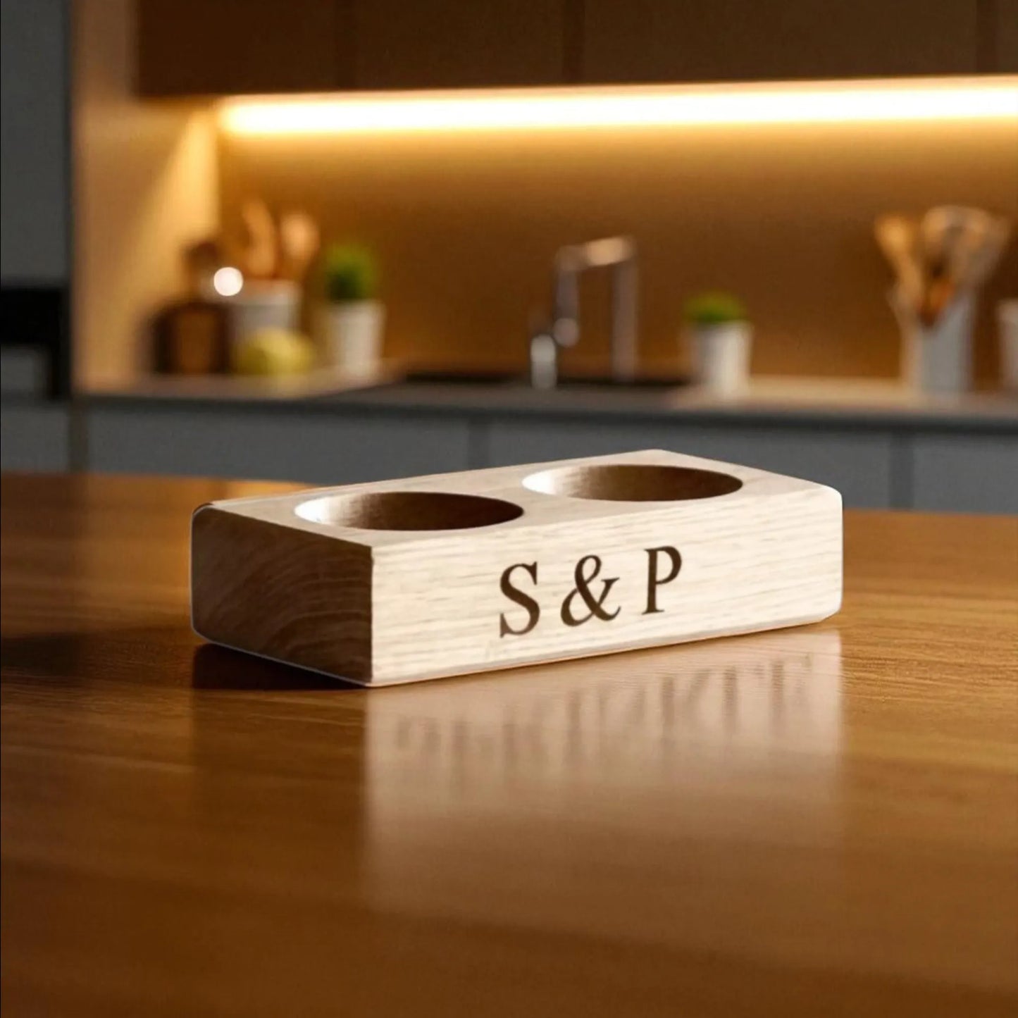 Personalised oak salt and pepper tray engraved with “S & P” — handcrafted wooden spice pinch pot holder made in the UK, perfect for kitchens, dining tables and thoughtful foodie gifts.
