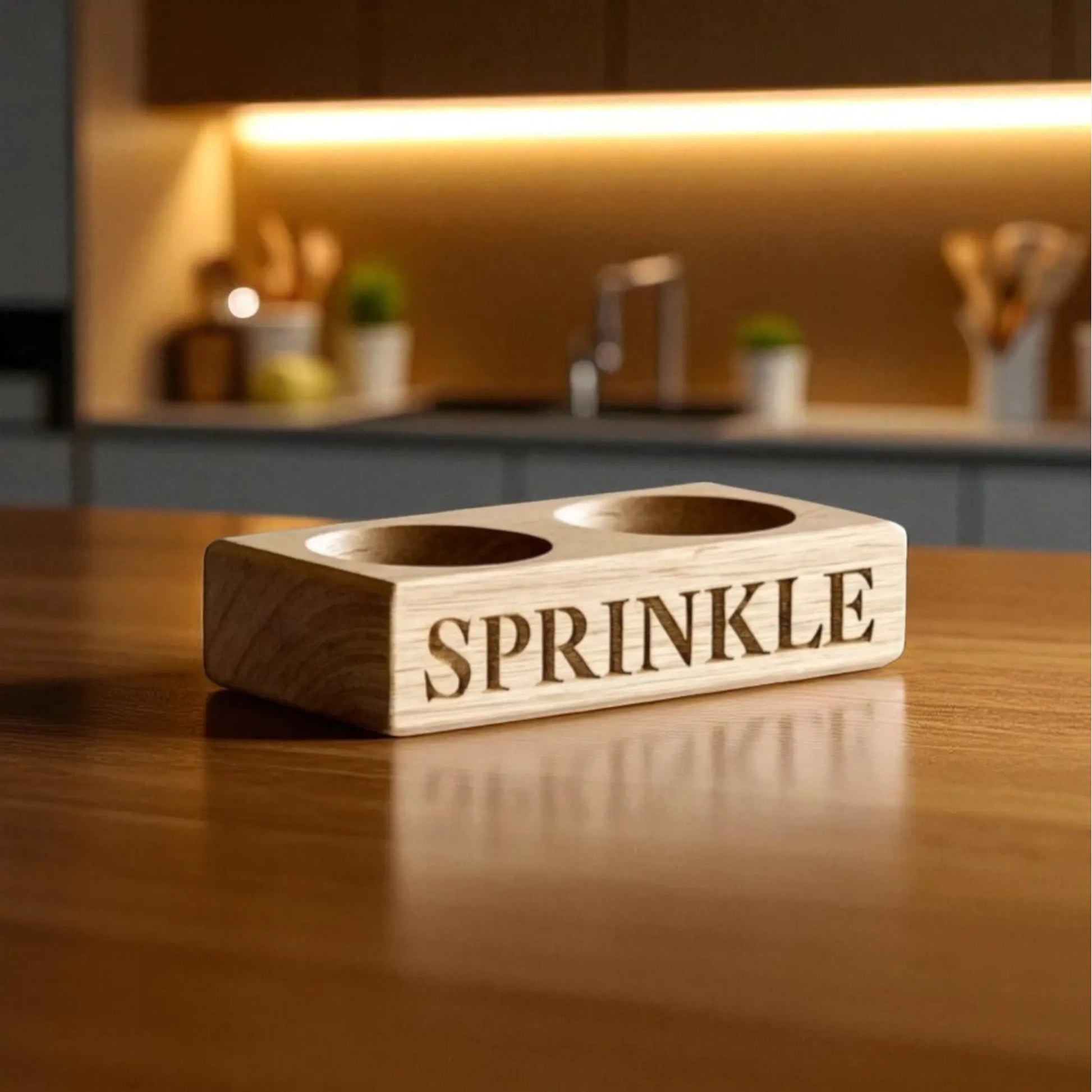 Personalised oak salt and pepper tray engraved with “SPRINKLE” — handcrafted wooden spice pinch pot holder, perfect for kitchens, dining tables and thoughtful cooking gifts made in the UK.