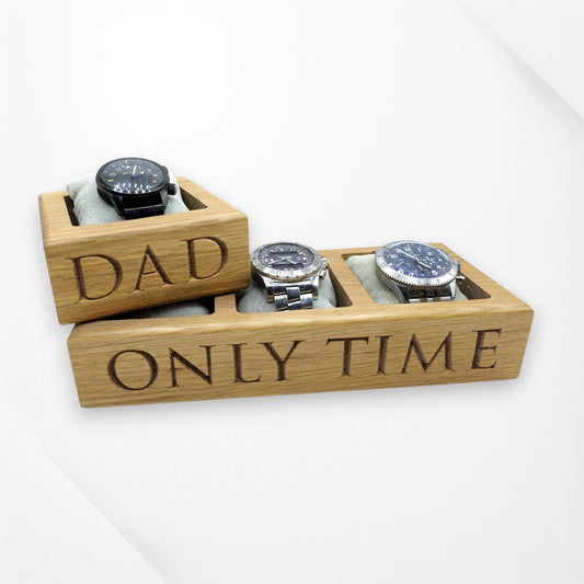Personalised oak watch trays engraved DAD and ONLY TIME – handmade by The Crafty Oak