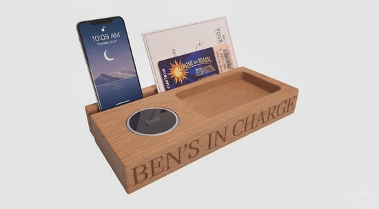 Rotating image of our Phone Tray with letters and a phone in it.