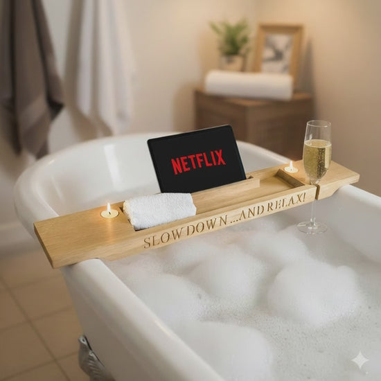 Beautiful Oak Bath Bridge across a bubble bath with a Netflix and glass of wine
