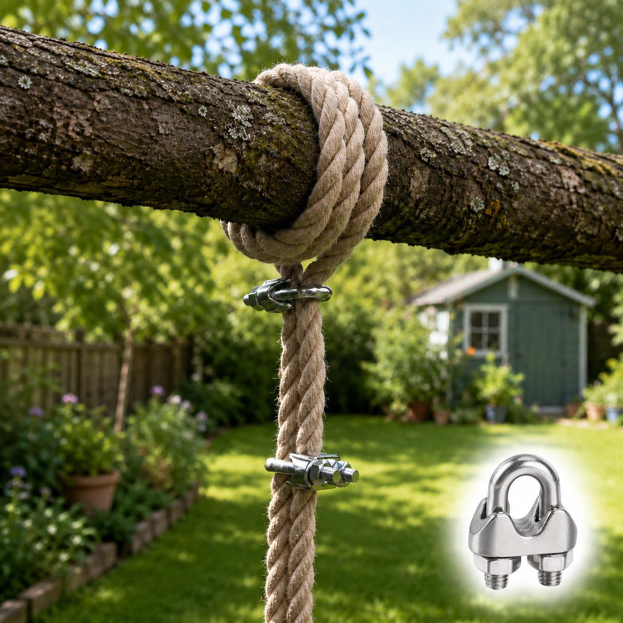 Rope swing securely tied around a tree branch with metal fixing clamps shown in a sunny garden setting.